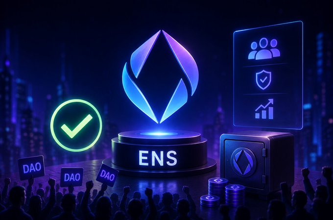 A promotional graphic featuring a glowing Ethereum logo on a pedestal labeled "ENS", surrounded by a checkmark icon, DAO signs held by a crowd, and a dashboard displaying users, security, and growth icons.