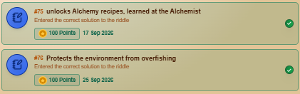A screenshot of completed achievement notifications for #75, awarded 100 points on 17 Sep 2026 and 25 Sep 2026, for solving riddles related to 'Alchemy recipes' and 'overfishing'.