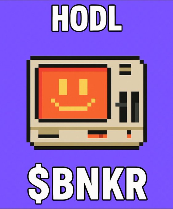 A purple graphic with pixel art of a retro computer displaying an orange smiley face, with the text 'HODL' at the top and '$BNKR' at the bottom.