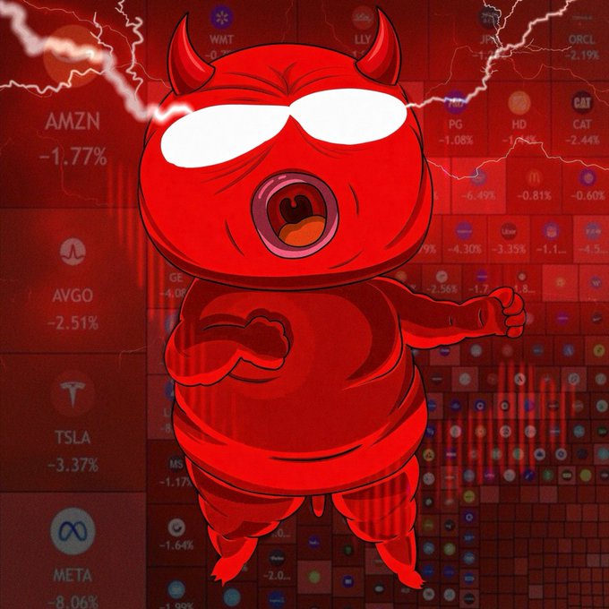 A red cartoon horned character stands in front of a red financial-market background with stock tickers and downward percentage changes, including “AMZN,” “TSLA,” “META,” “ORCL,” “CAT,” “PG,” “HD,” “WMT,” and “LLY.”