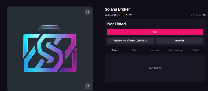 A digital marketplace screen displaying a 'Solana Broker' item by 'SolanaBrokers' with a 5% rating, marked as 'Not Listed' with a 'List' button and 'Review top offer for 0.1374 SOL' option.