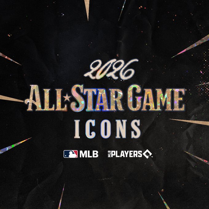 A promotional graphic for the 2026 MLB All-Star Game Icons features metallic, holographic text with logos for MLB and the Players.