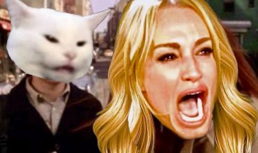 A meme featuring a white cat's face edited onto a body of a suited man next to a crying, blonde woman with a distorted face, humorously illustrating the post's message about an investor calmly biding their time during a stock breakout while others panic or doubt.
