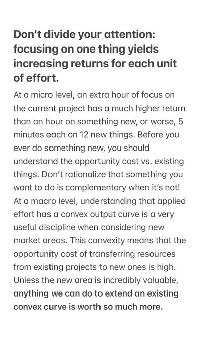 A text excerpt advising against dividing attention and emphasizing that focusing on one thing yields increasing returns, with an additional note at the end suggesting applying this principle to @ConvexFinance and @CurveFinance projects.
