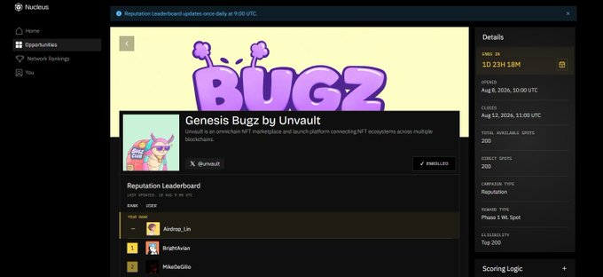 A screenshot of the Nucleus platform showing a project called 'Genesis Bugz by Unvault' with a 'BUGZ' NFT collection, featuring details like '1D 23H 10M' until end, 200 total available spots, 200 direct spots, and a leaderboard with users like 'Andros_Lin', 'BrightArlan', and 'MikeGillio' at the top.