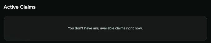 The image shows an "Active Claims" section with the message "You don't have any available claims right now." This visually confirms the user's experience of being unable to claim MindoAI Tria rewards, as the empty claims dashboard offers no indication of pending rewards or transaction history to ease their concerns.