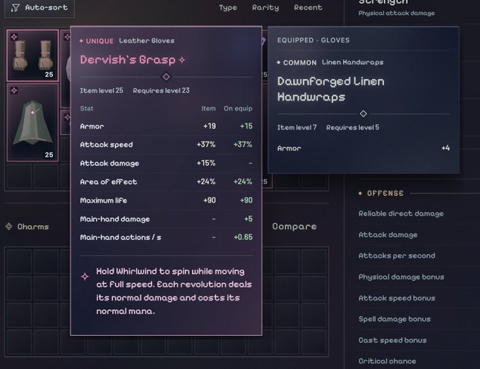 A comparison of two gloves in a game inventory, showing a Unique item called "Dervish's Grasp" (Level 25, requiring Level 23) which boosts attack speed by +37%, attack damage by +15%, area of effect by +24%, and maximum life by +90, alongside an equipped Common "DawnForged Linen Handwraps." The Dervish's Grasp also features a special ability allowing the player to "Hold Whirlwind to spin while moving at full speed," directly supporting the post's mention of "spin2win" gameplay mechanics now being enhanced by a unique item available in Evergrow.