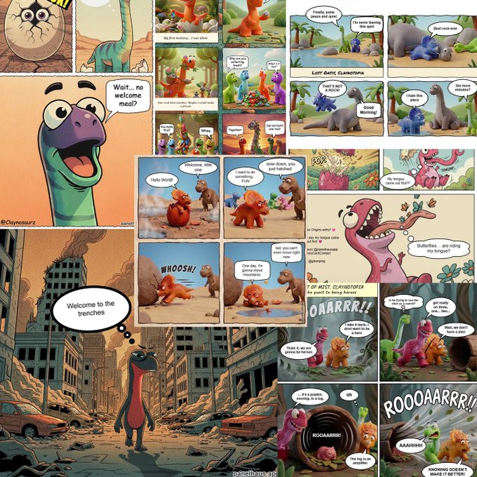 A collage of various comic strips and illustrations featuring cartoon dinosaurs and creatures in humorous scenarios, with visible text including "Wait... no welcome meal?," "Welcome to the trenches," "CLAWDTOPIA," and "ROOOAARRR!!"