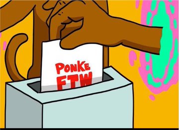 Cartoon drawing of a brown hand inserting a paper labeled 'PONKE FTW' into a ballot box against a yellow background with pink and green paint drips.