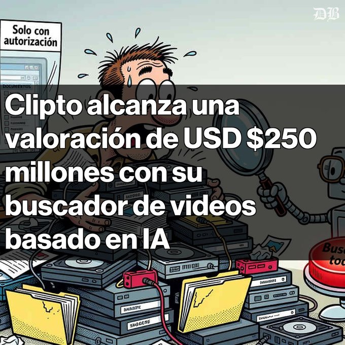 A Spanish news headline reading 'Clipto alcanza una valoración de USD $250 millones con su buscador de videos basado en IA' over a cartoon illustration of a stressed man looking at hard drives.