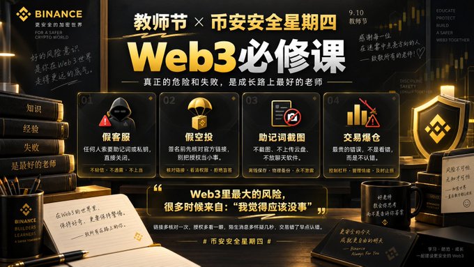 A Binance promotional graphic for Teacher's Day with Web3 safety tips, featuring categories like phishing scams, fake investments, and exchange explosions.