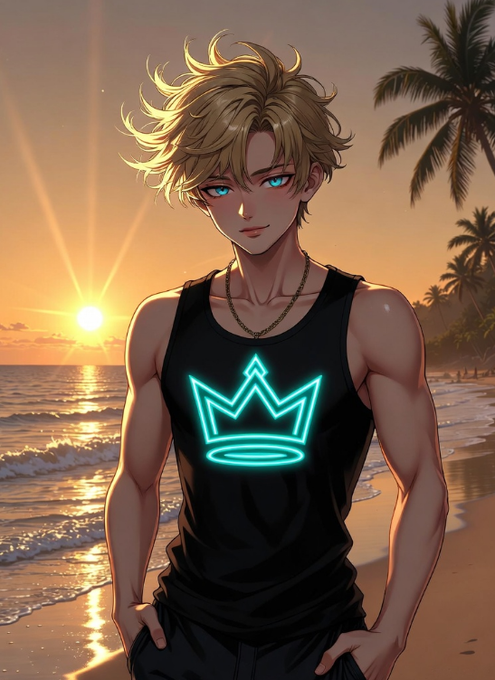 The image features a young man with blue eyes, blond hair, and a black tank top that has a crown design on it. He is standing at the edge of a beach, looking out towards the ocean. The background includes palm trees and a sunset, creating a serene atmosphere. There are also neon lights in the scene, adding to the overall ambiance.

The caption above the image reads: "AI is causing a computing shortage in the world. Quantum could make that need even greater. @quipnetwork is betting that the computing power of the community will be just as important as large data centers in the future."