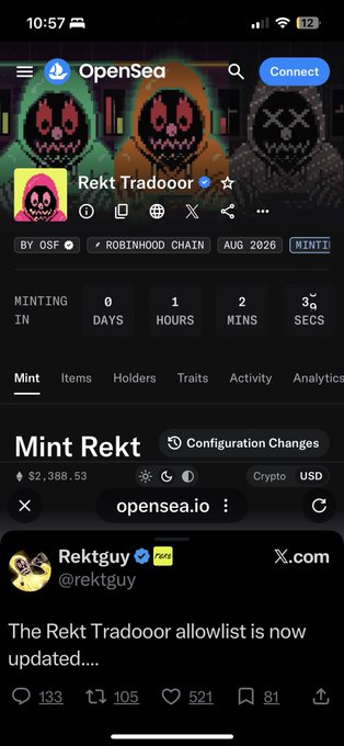 An OpenSea mobile screenshot shows a collection called 'Rekt Tradooor' with a mint countdown, priced at $2,388.53, and a tweet from @rektguy stating 'The Rekt Tradooor allowlist is now updated...'.