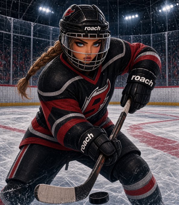 A digitally illustrated female hockey player wearing a New Jersey Devils-style black and red jersey, a helmet with a cage, and gloves branded 'roach', posed in a stance with her stick on the ice.