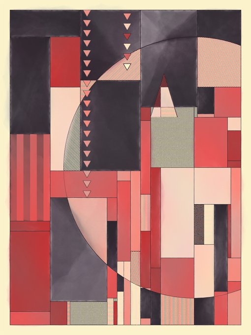 An abstract geometric artwork featuring overlapping rectangular blocks in shades of red, pink, and dark purple, with patterns of triangles and striped shading.