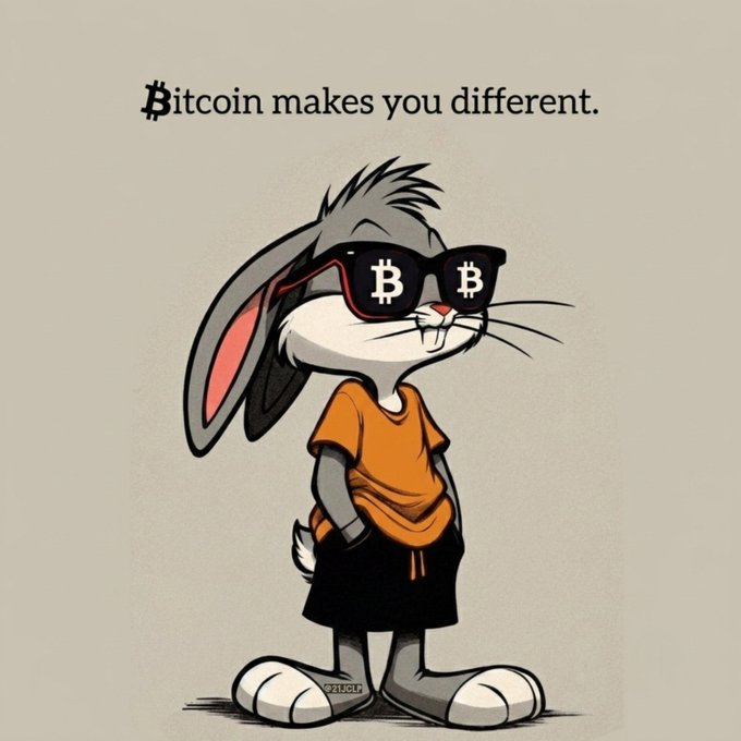 A cartoon illustration shows Bugs Bunny wearing an orange shirt, black shorts, and sunglasses with the Bitcoin '₿' symbol on each lens; text reads 'Bitcoin makes you different.'