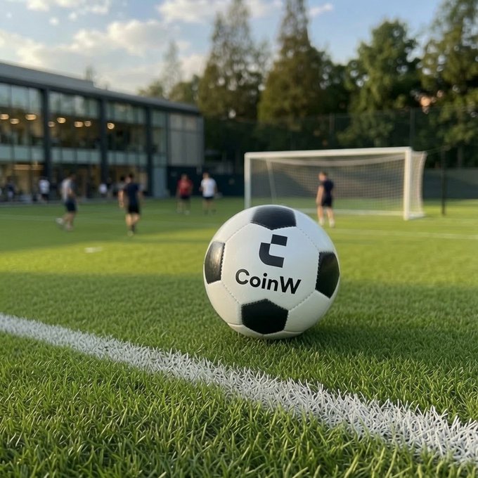 A soccer ball branded with the 'CoinW' logo rests on the grass of a soccer field with players and a goal visible in the background.