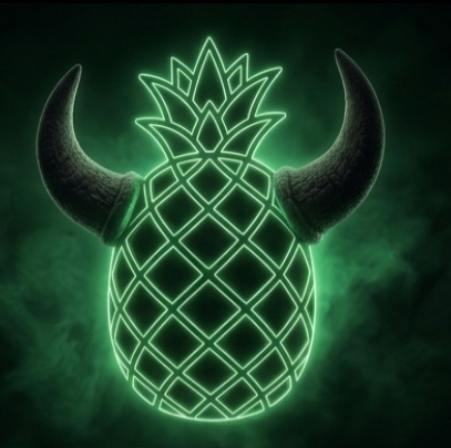 A stylized neon green pineapple with dark bull horns glowing against a smoky dark green background.