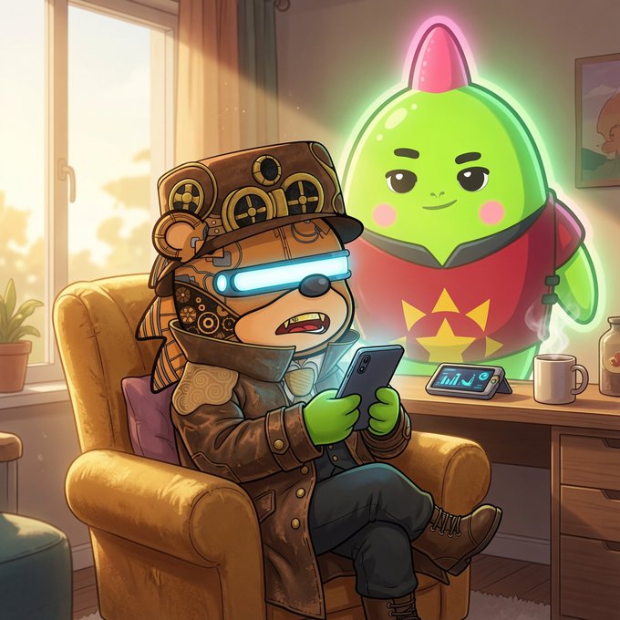 A whimsical digital illustration of a character wearing steampunk goggles and a decorated hat, holding a smartphone while seated in a yellow armchair. A glowing green alien-like creature hovers behind them near a desk with a coffee mug.