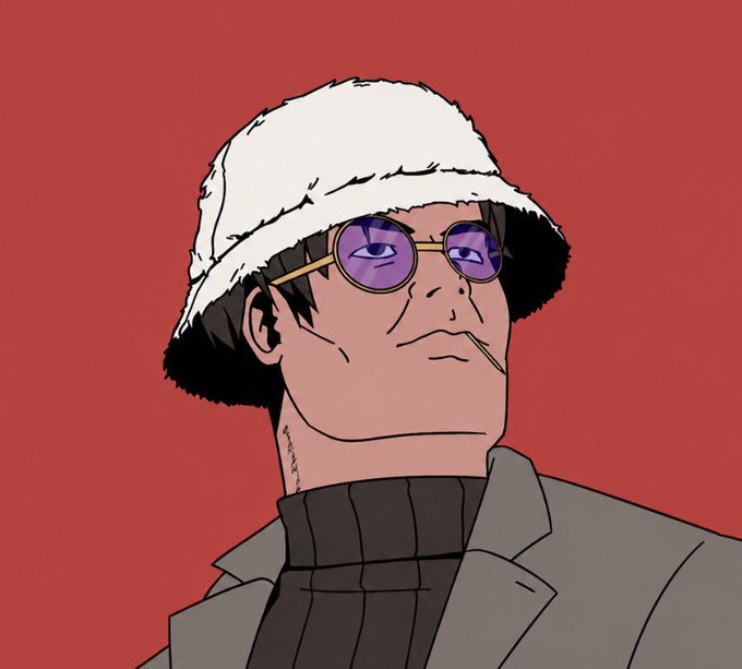 A stylized illustration shows a figure wearing a white fur bucket hat, purple-tinted round sunglasses, a black turtleneck, and a gray blazer, holding a toothpick in their mouth against a red background. The detached, outsider-like aesthetic of the character mirrors the post's theme of cultural in-betweenness and not belonging fully to either Chinese or American identity.