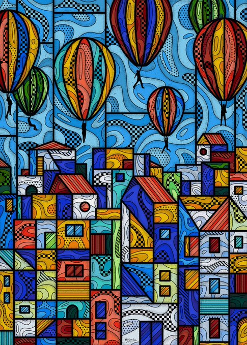 A vibrant, abstract painting featuring colorful hot air balloons floating above geometrically stylized houses, rendered in a stained-glass or cubist style with bold outlines.