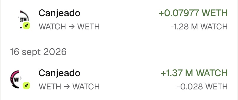 A crypto transaction history shows two 'Canjeado' swaps on 16 sept 2026: WATCH → WETH and WETH → WATCH.
