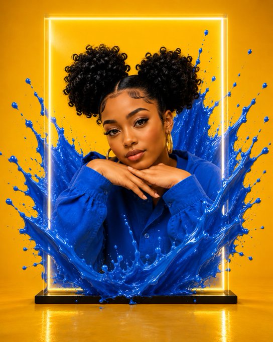 A stylized portrait of a woman with two curly buns resting her chin on her hands, surrounded by splashing blue water inside a glowing neon frame against a bright yellow background.