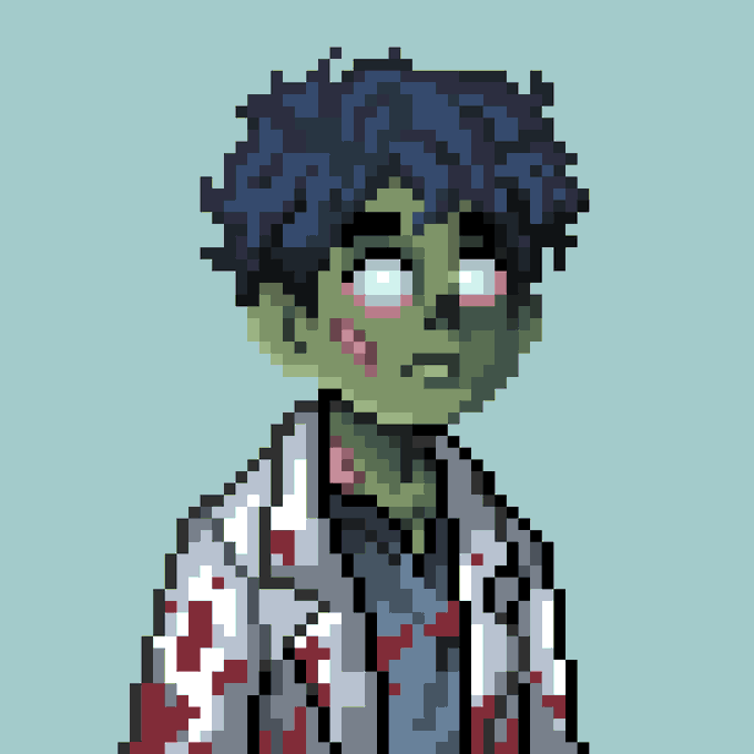A pixel art portrait of a green-skinned character with dark blue hair, red eyes, and a white shirt stained with red marks, set against a light blue background.