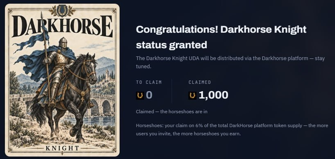 A screenshot announces 'Congratulations! Darkhorse Knight status granted' showing 0 to claim and 1,000 U tokens claimed, featuring an illustration of an armored knight on horseback with 'Darkhorse Knight' text.