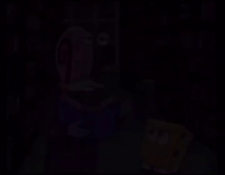 urn of water, blue and purple toilet seat, yellow sponge character, bookshelf with dark objects, black background.