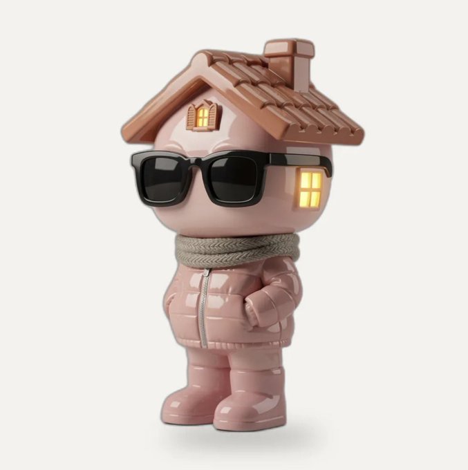 A 3D rendered figurine of a small pink house character wearing black sunglasses and a pink jacket.