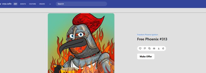 An NFT marketplace page for XRP.cafe displays an artwork titled 'Freedom Phoenix Ignition' with the listing 'Free Phoenix #313' and a 'Make Offer' button.