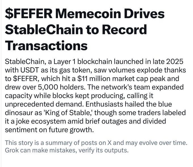 A news headline titled "$FEFER Memecoin Drives StableChain to Record Transactions," describing how StableChain, a Layer 1 blockchain using USDT as its gas token, saw record volumes after the $FEFER memecoin hit an $11 million market cap with over 5,000 holders. The post celebrates the claim that $FEFER's viral impact literally overwhelmed the StableChain network, validating the memecoin's cultural significance.