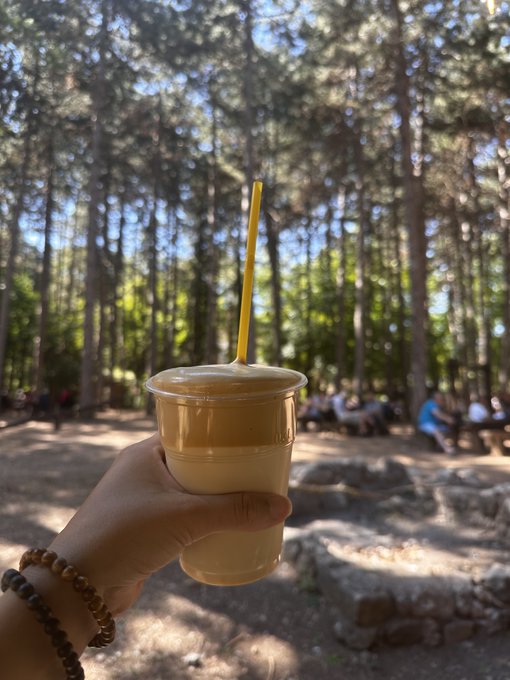 A hand wearing beaded bracelets holds a clear plastic cup of a light-colored beverage with a yellow straw, with a background of tall pine trees in a sunny forest where other people are relaxing.
