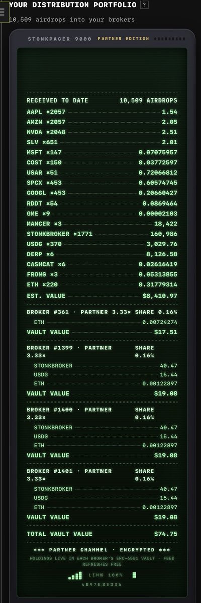 A retro CRT-style 'Stonkpaper 9000 Partner Edition' portfolio dashboard showing 10,509 airdrops received, including AAPL, AMZN, NVDA, SLV, MSFT, COST, and various crypto holdings with vault values totaling $74.75 across four partner brokers.