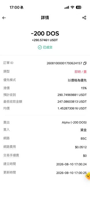 A screenshot of a cryptocurrency transaction showing the purchase of -200 DOS for +290.57461 USDT, marked as 已成交 (completed) on the BSC network, dated 2026-08-10.