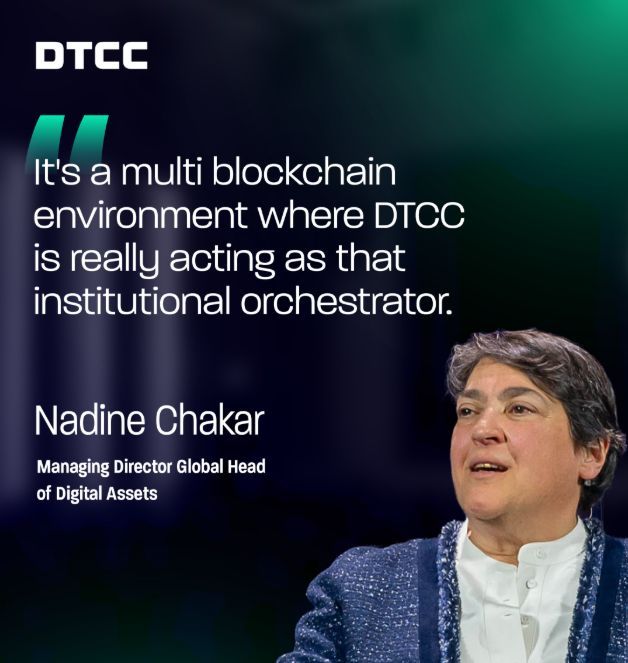 DTCC promotional graphic featuring a quote from Nadine Chakar, Managing Director Global Head of Digital Assets: "It's a multi blockchain environment where DTCC is really acting as that institutional orchestrator."