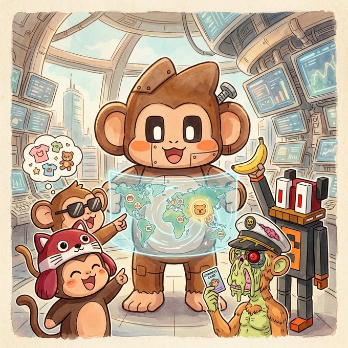 Illustration of several cartoon monkey characters in a futuristic control room with screens, where one monkey in a hat displays a global map with location markers.