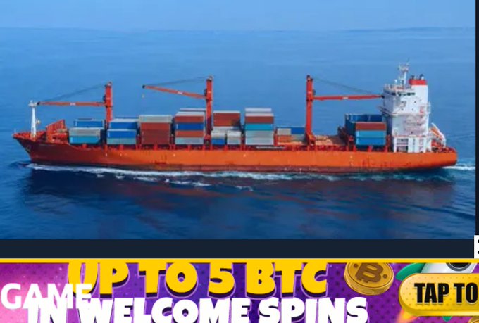 A red and orange cargo ship sails across blue waters, carrying stacked shipping containers, illustrating the maritime operations referenced in the post about EthraShip and Ethra Invest's dry bulk fleet connecting Web3 to real shipping activity. A promotional banner at the bottom advertises "UP TO 5 BTC" and "WELCOME SPINS" with a "TAP TO" prompt.