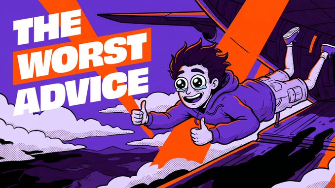 A YouTube thumbnail with the text 'THE WORST ADVICE' featuring a cartoon character with glowing eyes giving a thumbs up while falling.