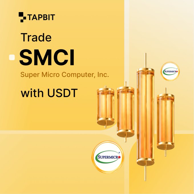 A promotional graphic from Tapbit advertising the ability to trade SMCI (Super Micro Computer, Inc.) stock with USDT, featuring gold candlestick-like graphics and the Supermicro logo.