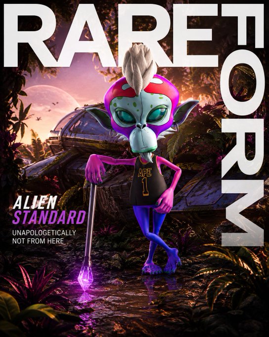 A poster titled 'RARE TO NORM' featuring a 3D alien character with purple skin and a mohawk holding a staff, with text 'ALIEN STANDARD UNAPOLOGETICALLY NOT FROM HERE'.
