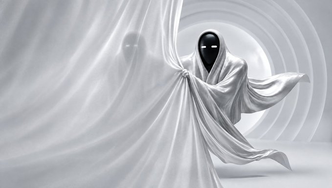 A digital artwork of a ghostly white figure with a dark, featureless face and glowing white eyes, draped in flowing white fabric.
