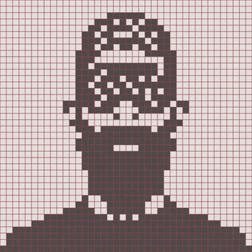 A pixel-art mosaic template depicting a stylized character with a rounded helmet or cap, displayed on a grid. It appears to be a planning template for a mosaic stone street art project.