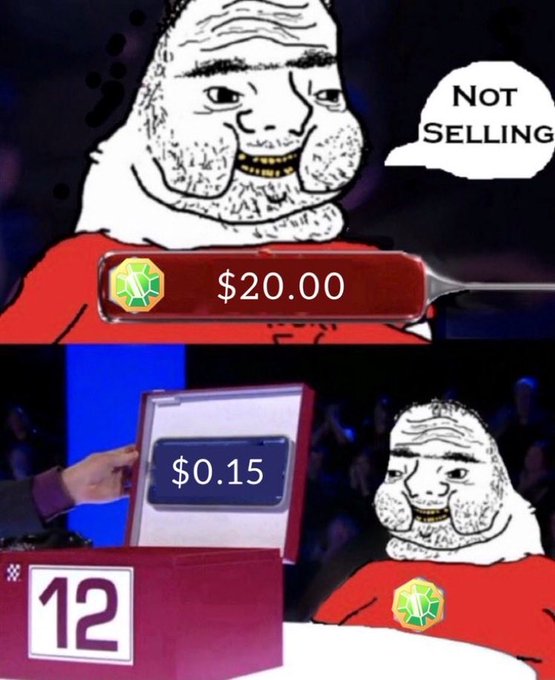The image features a cartoon depiction of an older man wearing a red shirt, with a green gemstone on his chest. He appears to be selling something or making a deal, as indicated by the text "Not Selling" above him. The background is dark blue and shows a table where the man is seated. There are also other people in the image who seem to be part of the scene.