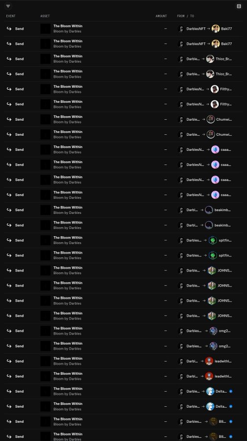A transaction history list showing multiple 'Send' events of 'The Bloom Within' asset from Bloom by Darbies NFT collection to various recipients like Baki77, Thicc_Br, FRthy, Chumi..., caaa..., beakim..., spitfin..., JOHNS..., omg2..., Nadeith..., isaidth..., and Delta....