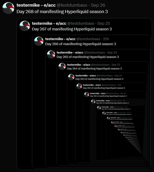 A recursive Twitter screenshot showing nested tweets from 'testermike - e/acc' (@testdumbass) repeatedly posting 'Day X of manifesting Hyperliquid season 3' from day 268 down through many iterations.