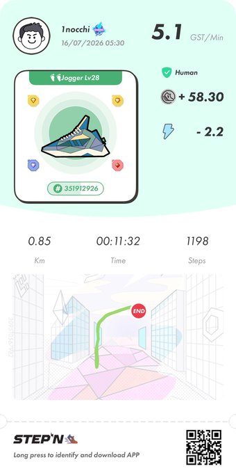 A STEP'N app screenshot for user 'Inocchi' dated 16/07/2026 05:30 showing 5.1 GST/Min, 0.85 km, 00:11:32 time, 1198 steps, and a green sneaker NFT.