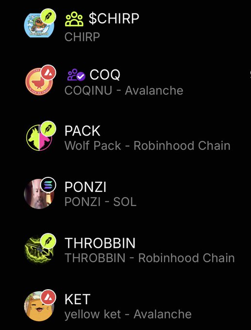 The image displays a mobile wallet interface showing six meme coin holdings: $CHIRP, COQ (COQINU – Avalanche), PACK (Wolf Pack – Robinhood Chain), PONZI (PONZI – SOL), THROBBIN (THROBBIN – Robinhood Chain), and KET (yellow ket – Avalanche). The list reflects a curated, diverse crypto portfolio, tying into the post's claim that "Sir Clux's Arena wallet looks more beautiful everyday" by showcasing an expanding collection of playful, community-driven meme tokens.