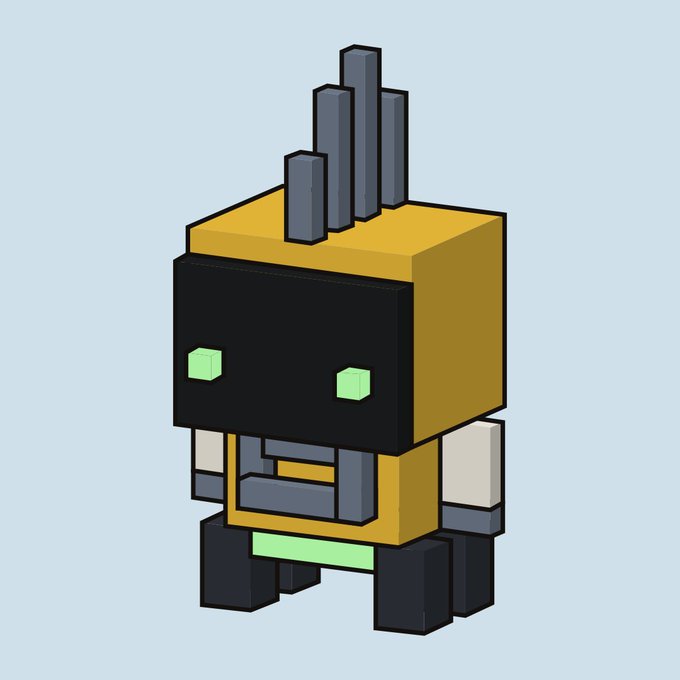A 3D voxel-style render of a blocky, cube-shaped robot or creature featuring a black face with green pixel eyes, yellow/orange body, grey antennae on top, and small stubby legs against a light blue background.